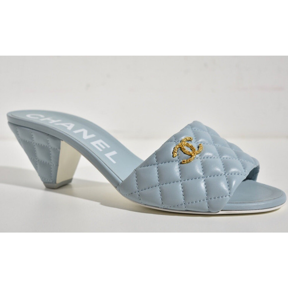Chanel 22P Blue Lambskin Quilted CC Gold Logo Cone Heel Mule Slide Sandal 41.5 - Picture 4 of 12